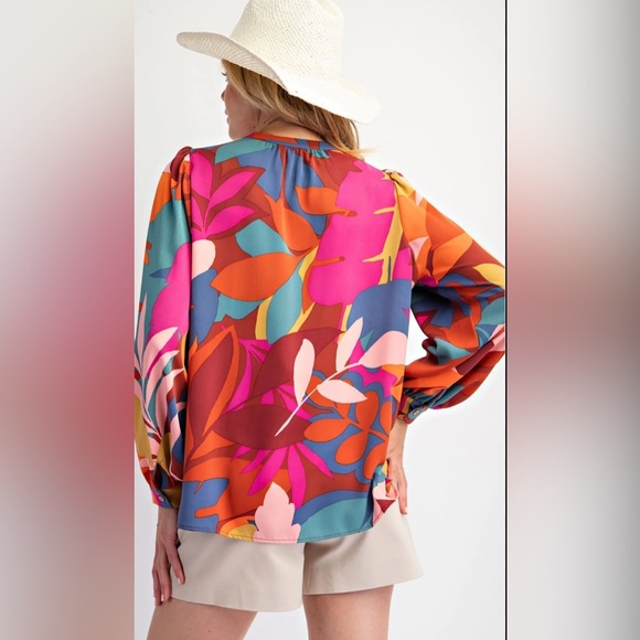 EASEL BOHO MULTI ABSTRACT LEAF PRINT LONG SLEEVE BUTTON-UP TOP M - Picture 11 of 11